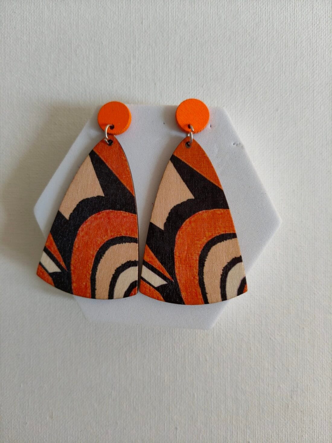 Orange Triangular Abstract Print Earrings - Image 2