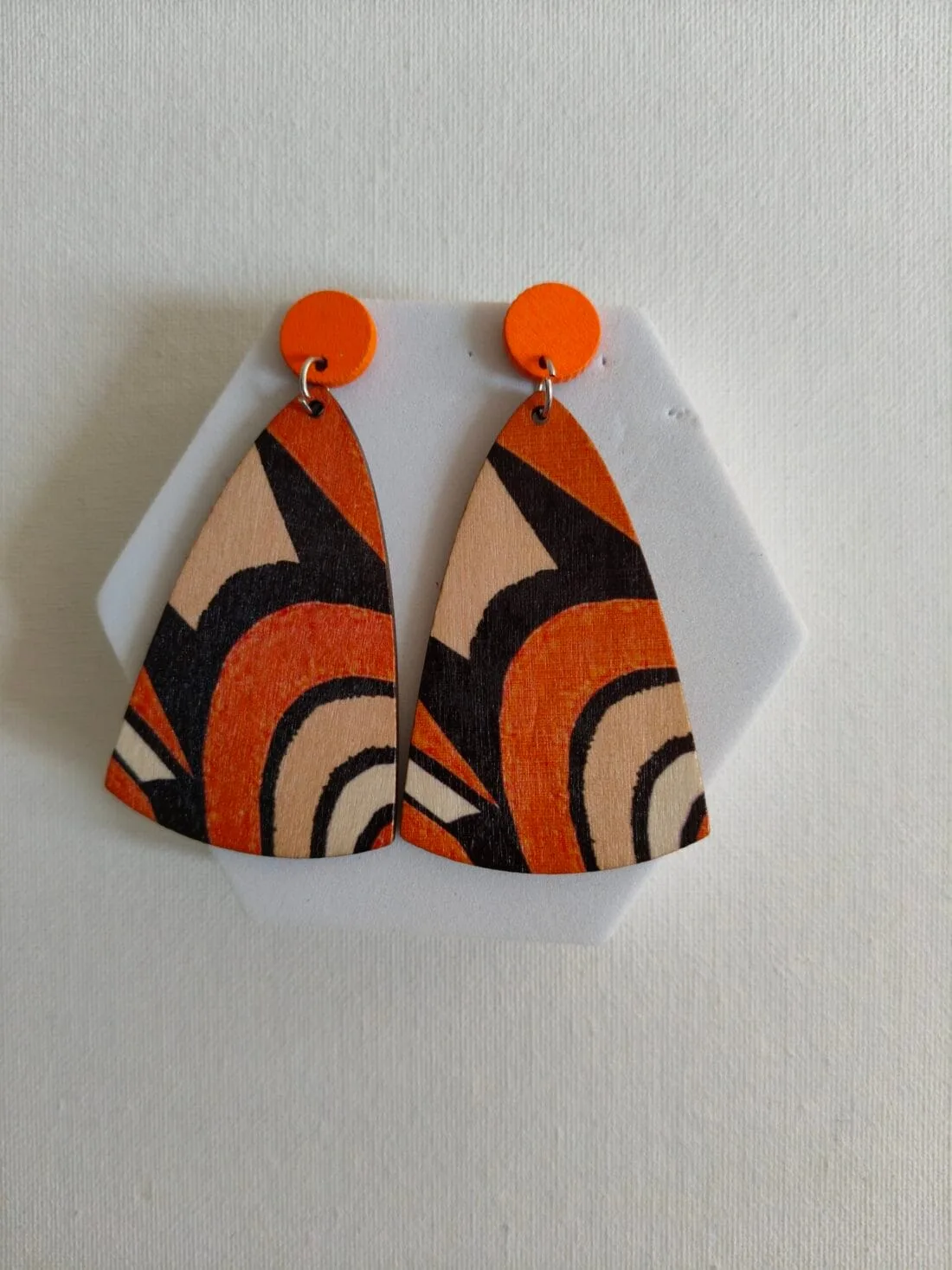 Orange Triangular Abstract Print Earrings - Image 2