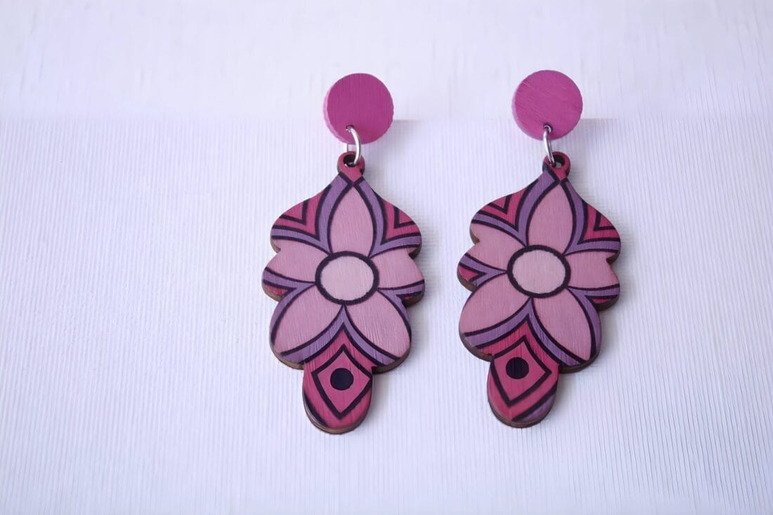 Pink Leaf cut Long Floral Earrings - Image 2