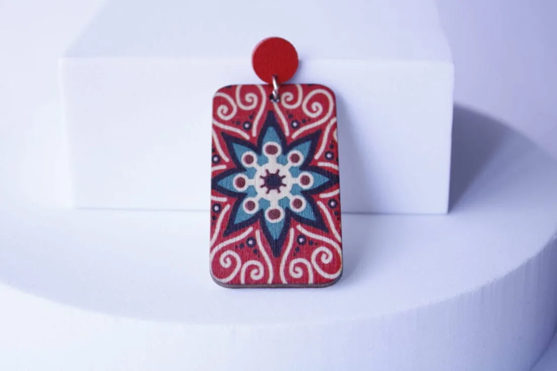 Abstract Designer Red Rectangular Earrings - Image 3