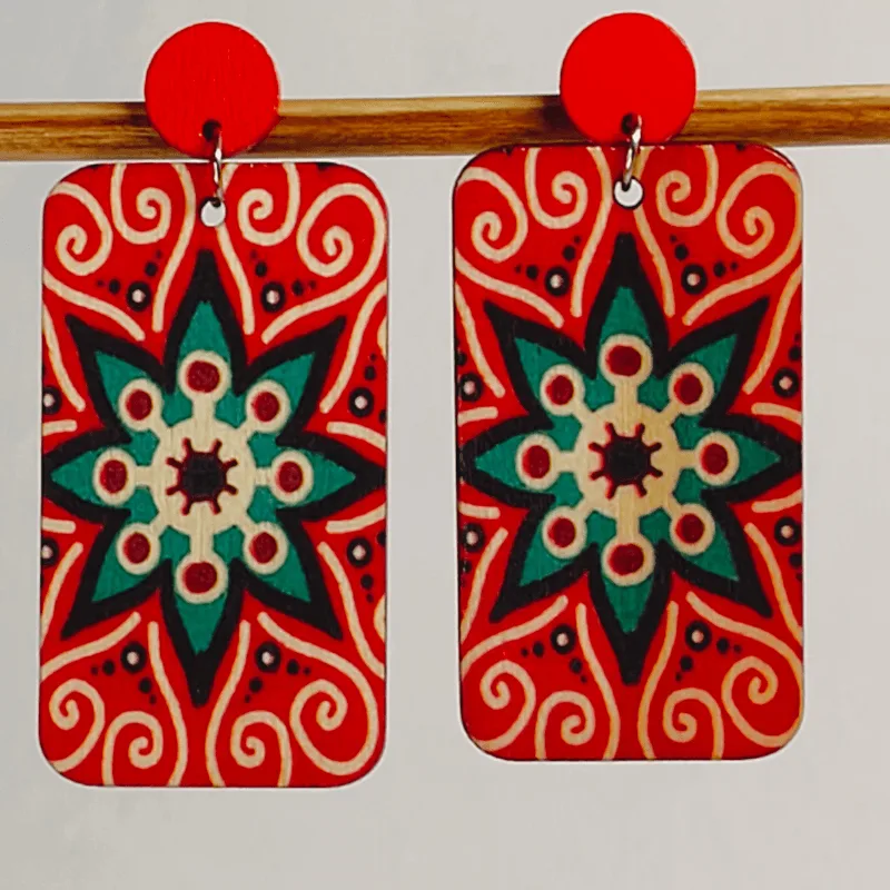 Abstract Designer Red Rectangular Earrings - Image 2