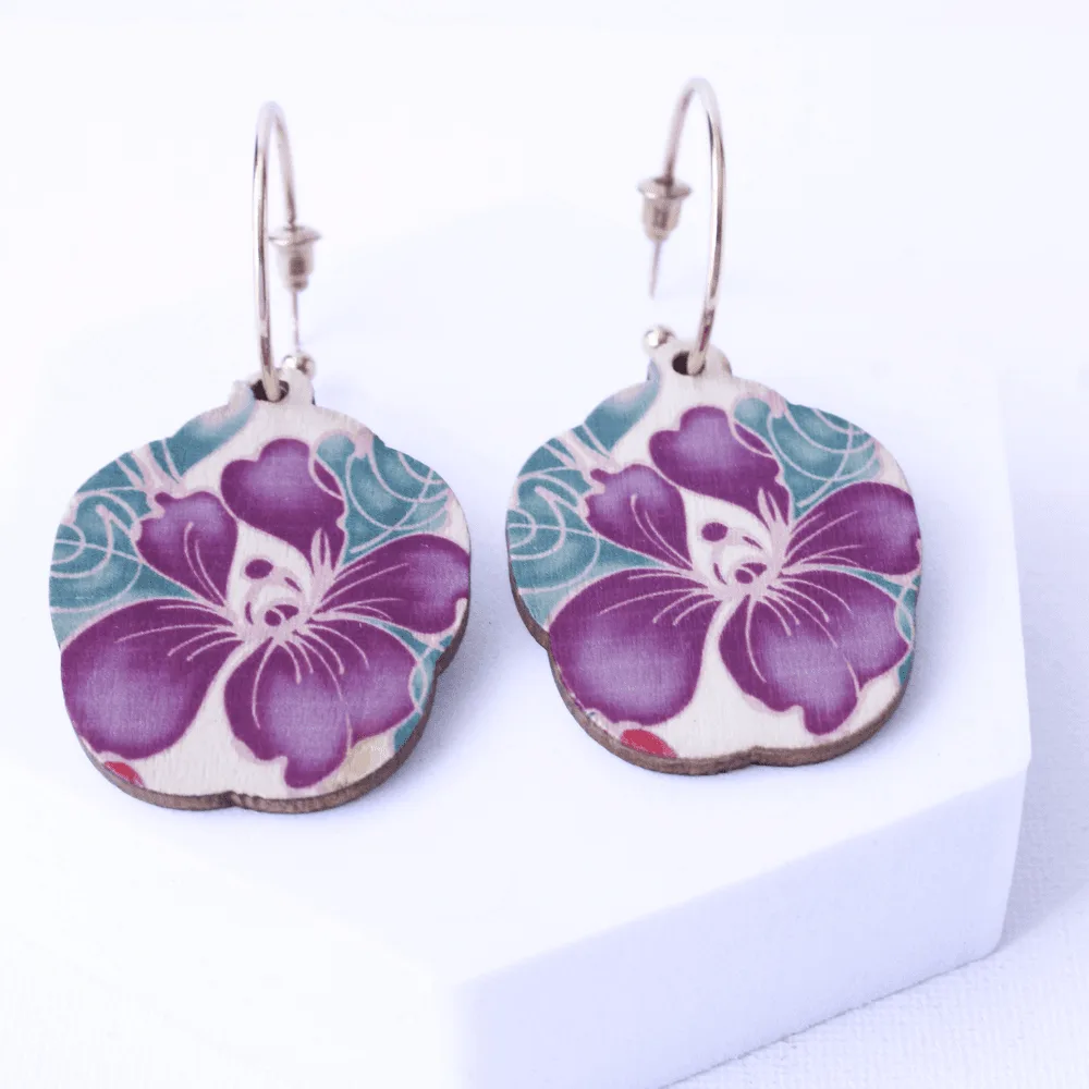 Purple Floral Drop Earrings - Image 3