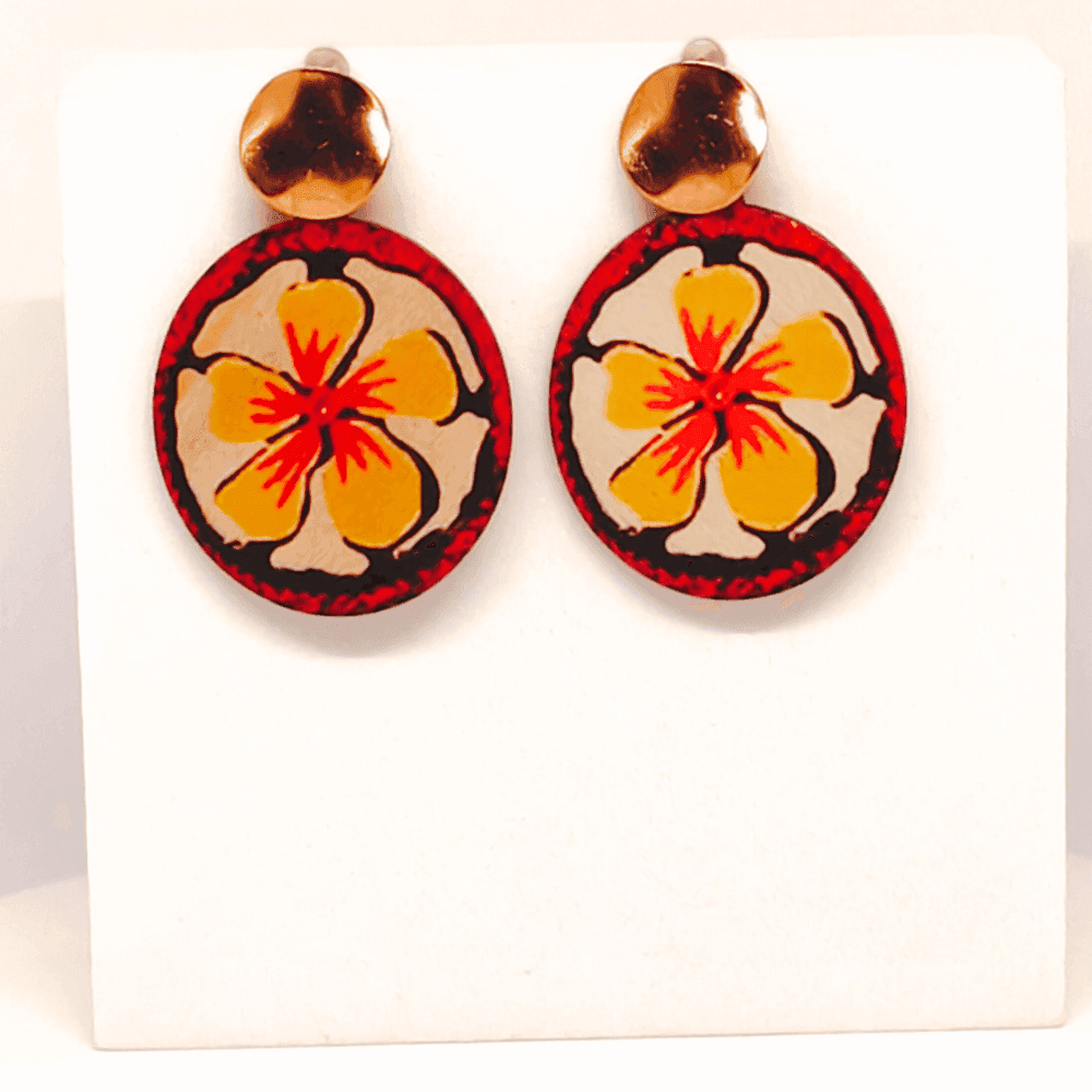Round Metal Dot and Yellow Flower Earrings