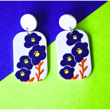 Printed Flower White with Blue Floral Dangle Earrings