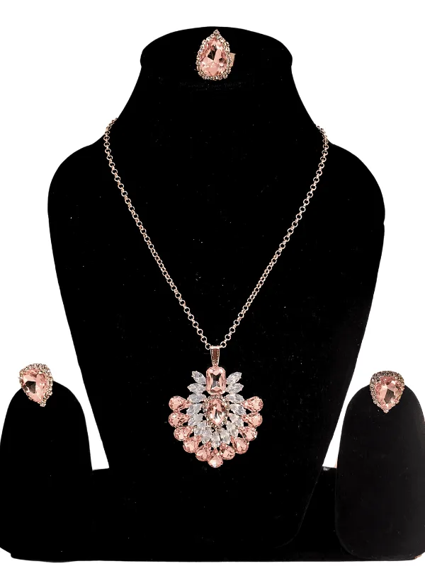 Classic Pink Floral Design Pendent Necklace Set with Ring Necklace - Image 2