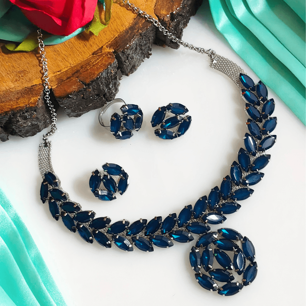 Prussian Blue Round Glass Stone Necklace Set with Ring