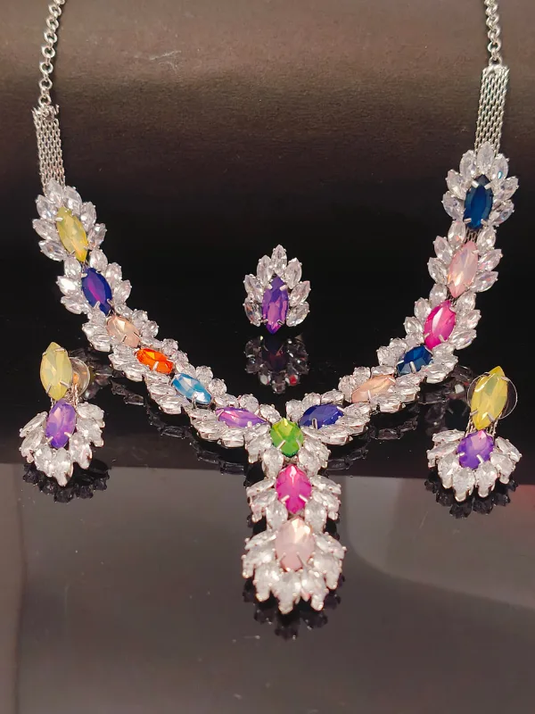 Rani Stones Multicolored Necklace set with Ring - Image 3