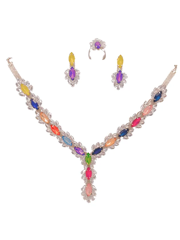 Rani Stones Multicolored Necklace set with Ring - Image 6