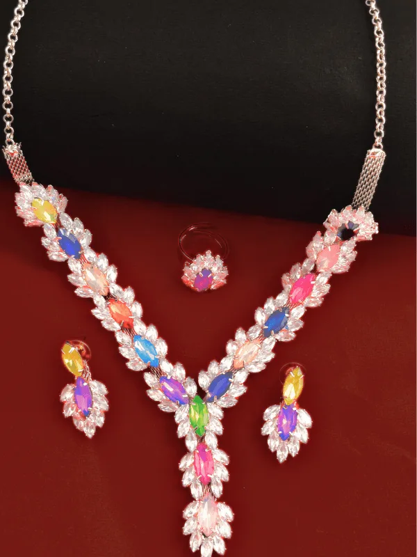 Rani Stones Multicolored Necklace set with Ring - Image 5