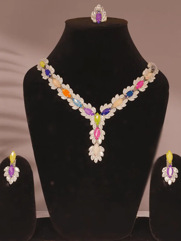Rani Stones Multicolored Necklace set with Ring - Image 2