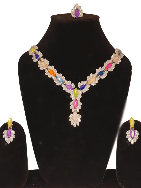 Rani Stones Multicolored Necklace set with Ring - Image 7